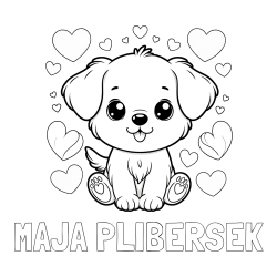 Online izdelana pobarvanka - Pobarvanka imena MAJA PLIBERŠEK in pobarvanka ljubkega kužka obdanega s srčki