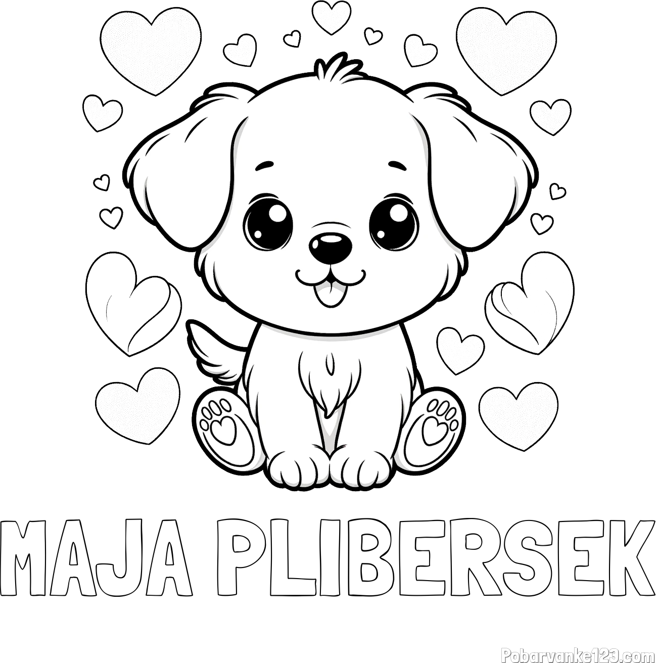 Pobarvanka imena MAJA PLIBERŠEK in pobarvanka ljubkega kužka obdanega s srčki