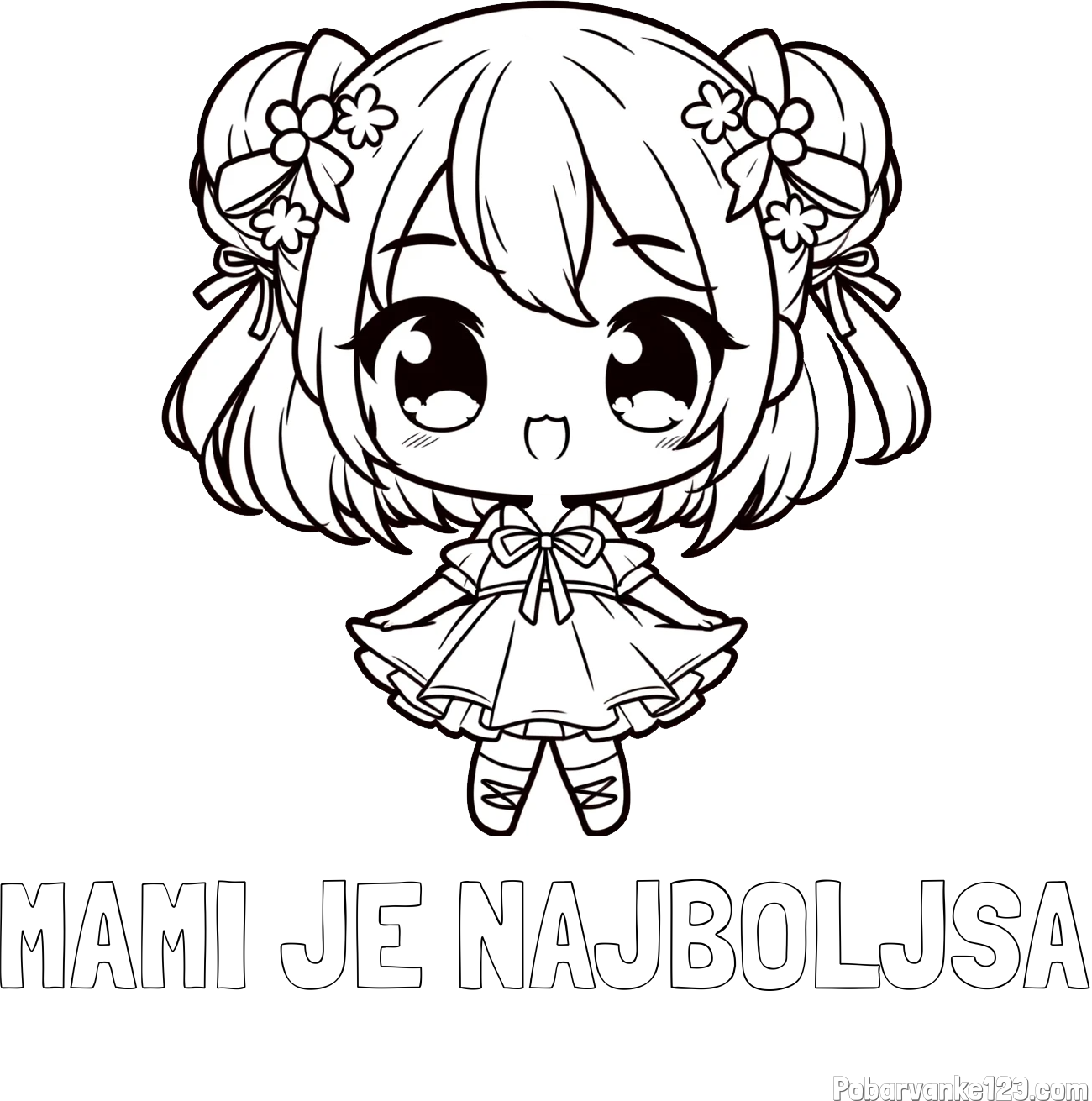 Pobarvanka imena MAMI JE NAJBOLJŠA in otroška pobarvanka punčke v japonskem anime slogu