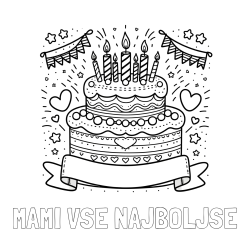 Online izdelana pobarvanka - Pobarvanka imena MAMI VSE NAJBOLJŠE in pobarvanka velike torte za rojstni dan