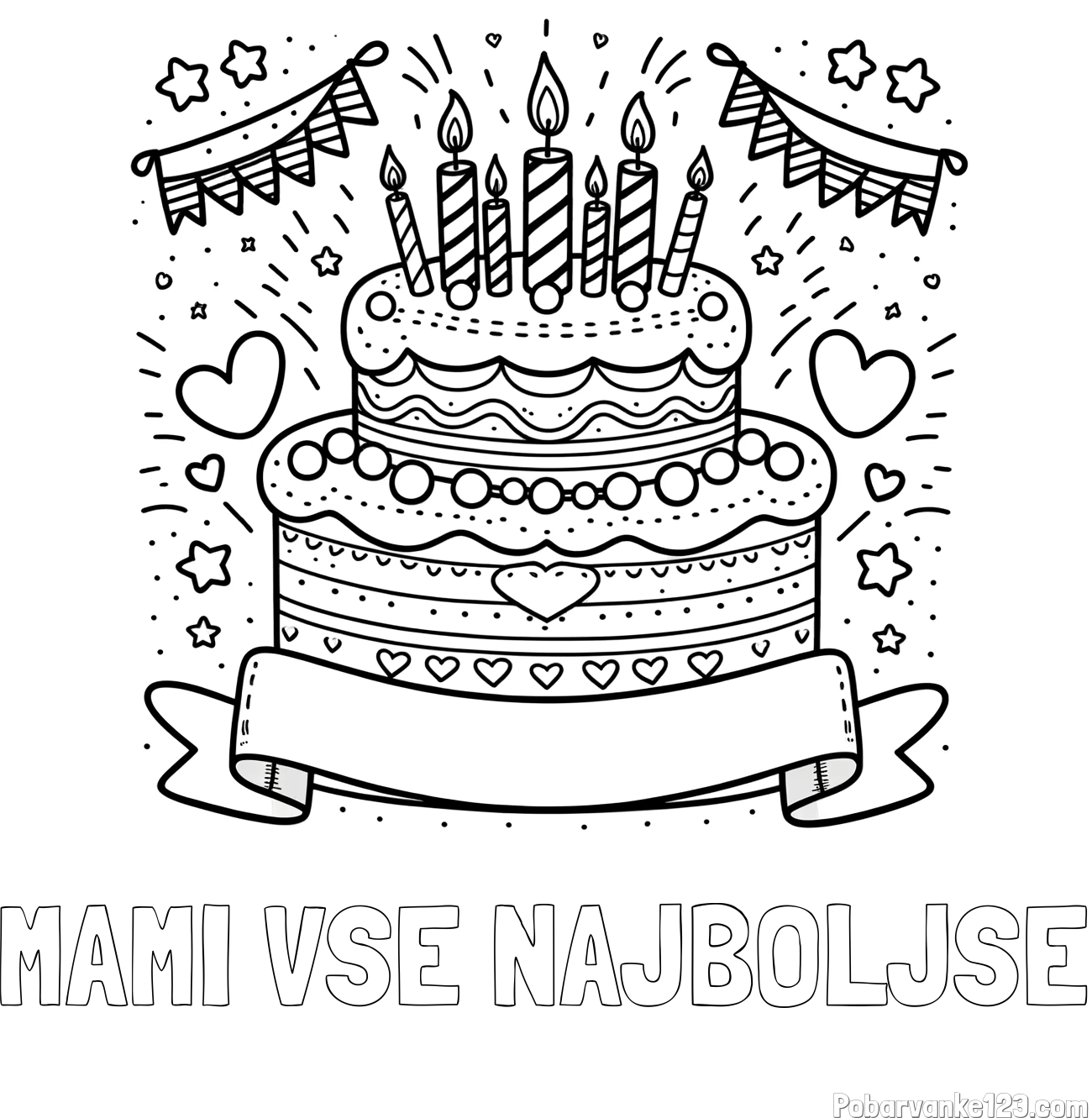 Pobarvanka imena MAMI VSE NAJBOLJŠE in pobarvanka velike torte za rojstni dan