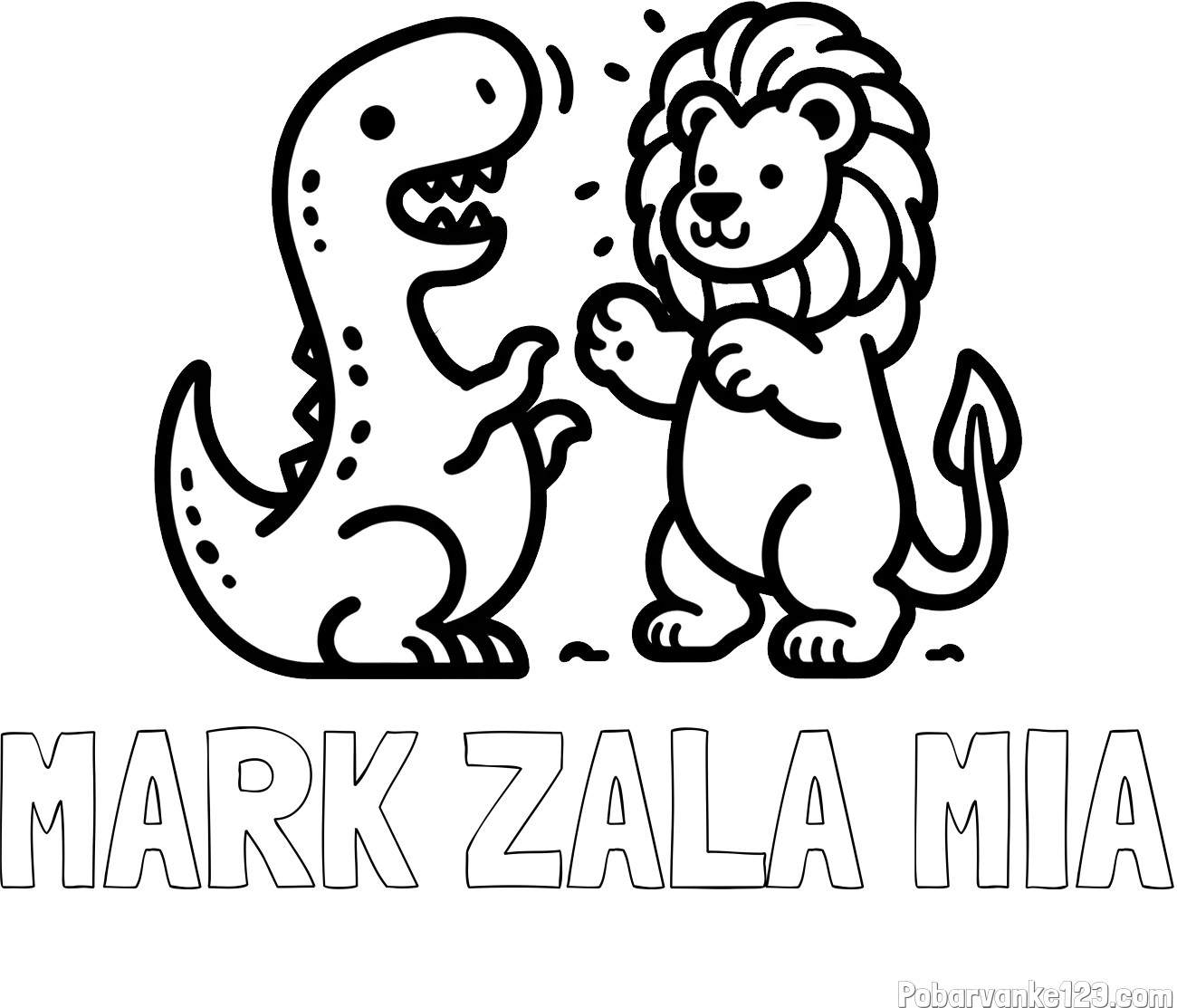 Pobarvanka imena MARK ZALA MIA in pobarvanka dinozavra, ki napada leva