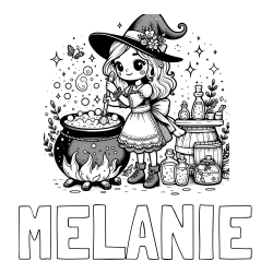 Online izdelana pobarvanka - Pobarvanka imena MELANIE in pobarvanka prikupna čarovnica, ki pripravlja čarobni napoj