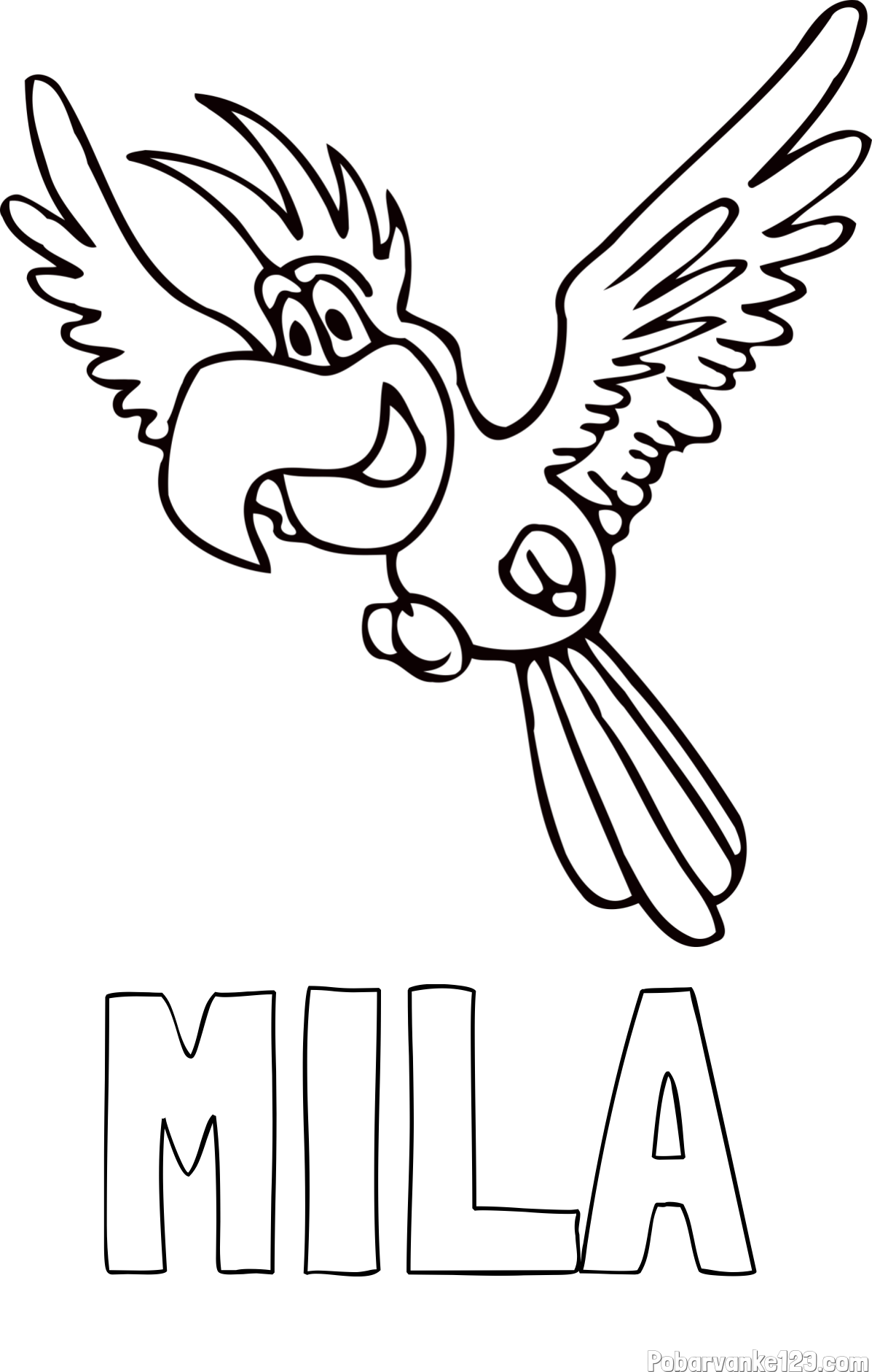 Pobarvanka imena MILA in pobarvanka papagaja v letu