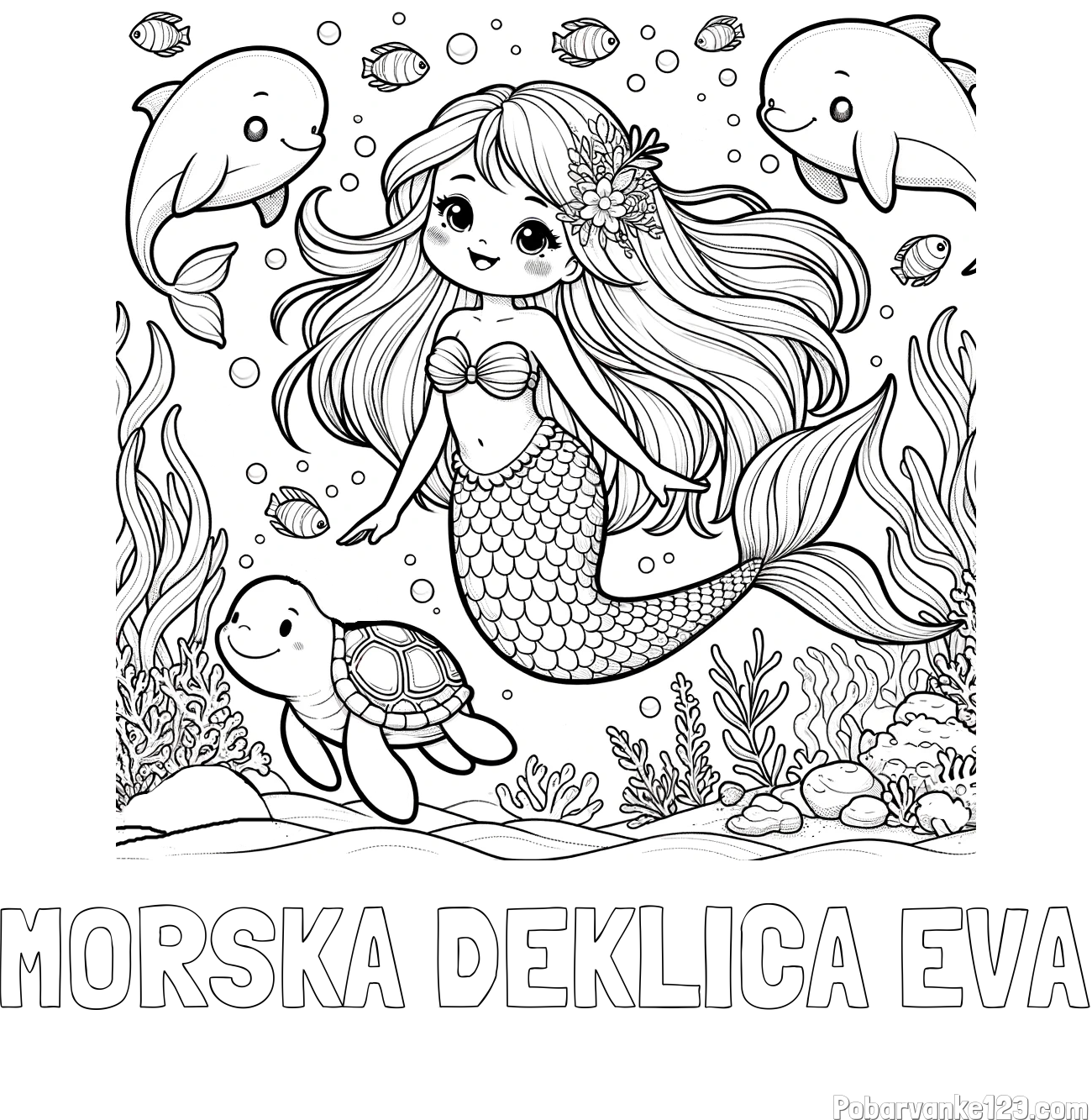 Pobarvanka imena MORSKA DEKLICA EVA in pobarvana ljubke morske deklice s prijatelji