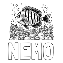 Online izdelana pobarvanka - Pobarvanka imena NEMO in pobarvanka ribe v morju med koralami