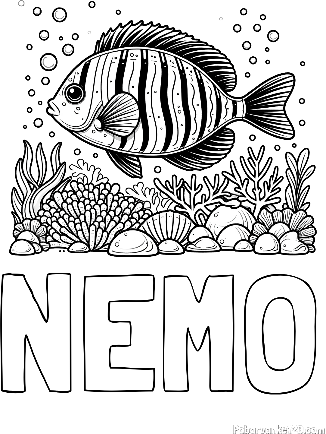 Pobarvanka imena NEMO in pobarvanka ribe v morju med koralami