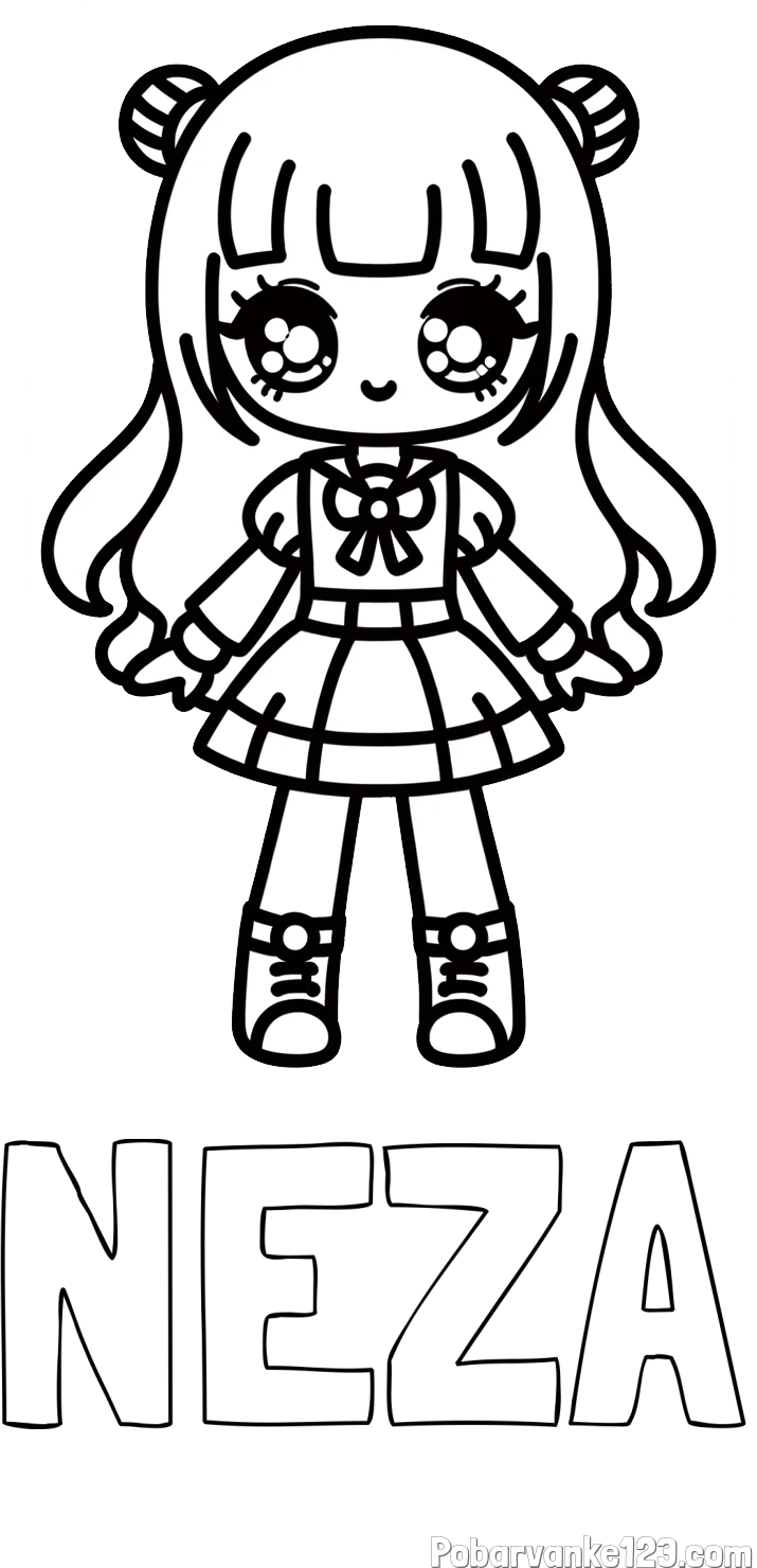 Pobarvanka imena NEZA in otroška pobarvanka punčke v anime slogu