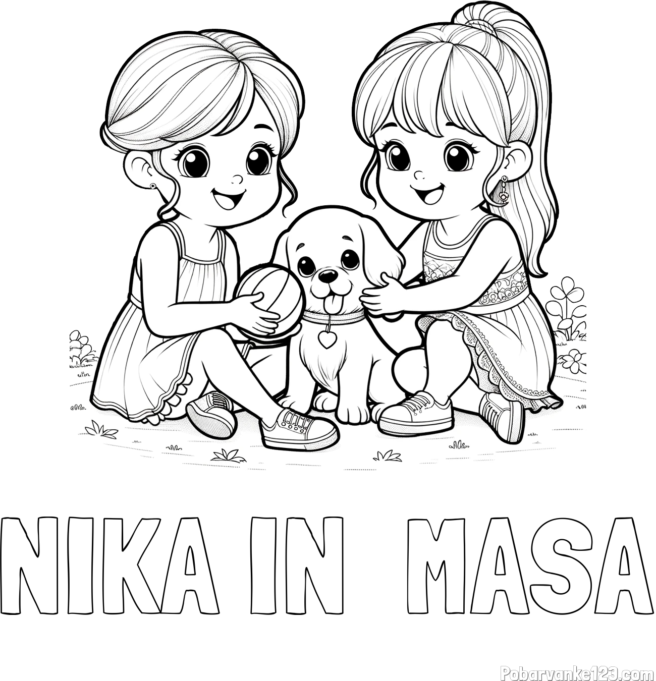 Pobarvanka imena NIKA IN  MASA in pobarvanka prijateljic s kužkom