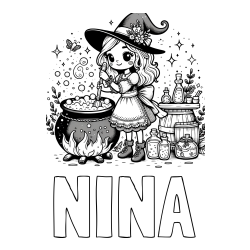 Online izdelana pobarvanka - Pobarvanka imena NINA in pobarvanka prikupna čarovnica, ki pripravlja čarobni napoj