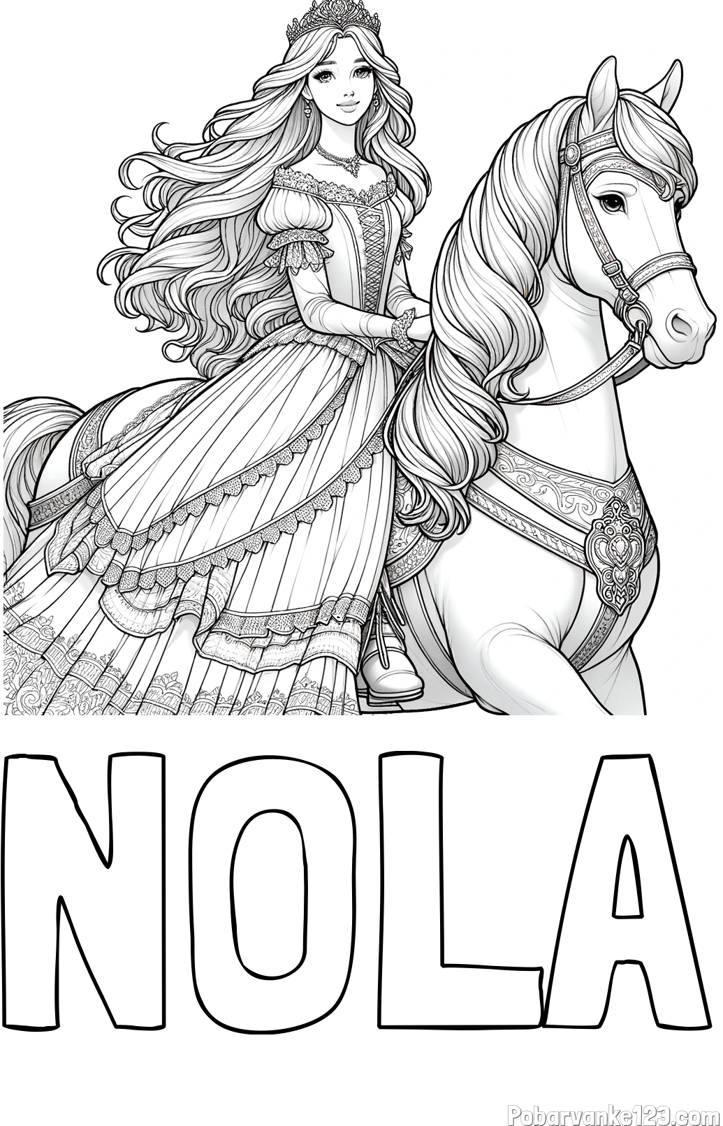 Pobarvanka imena NOLA in pobarvanka nasmejana princese na konju