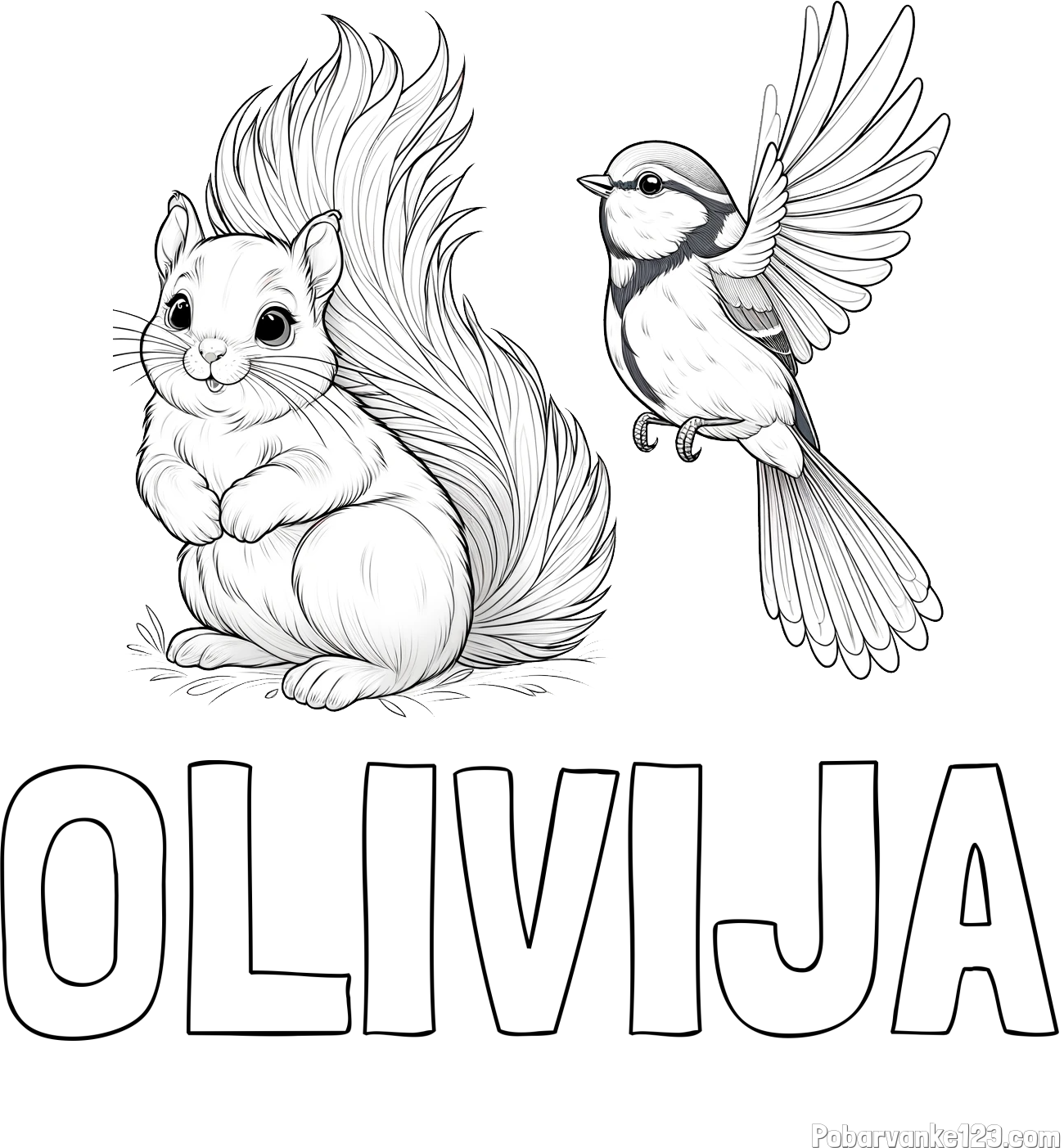 Pobarvanka imena OLIVIJA in pobarvanka veverice in ptičke