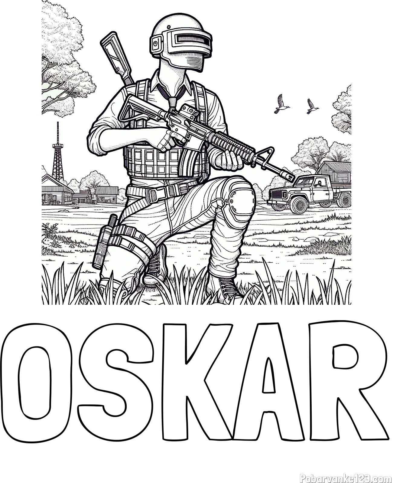 Pobarvanka imena OSKAR in PUBG pobarvanka glavnega lika v klečečem položaju