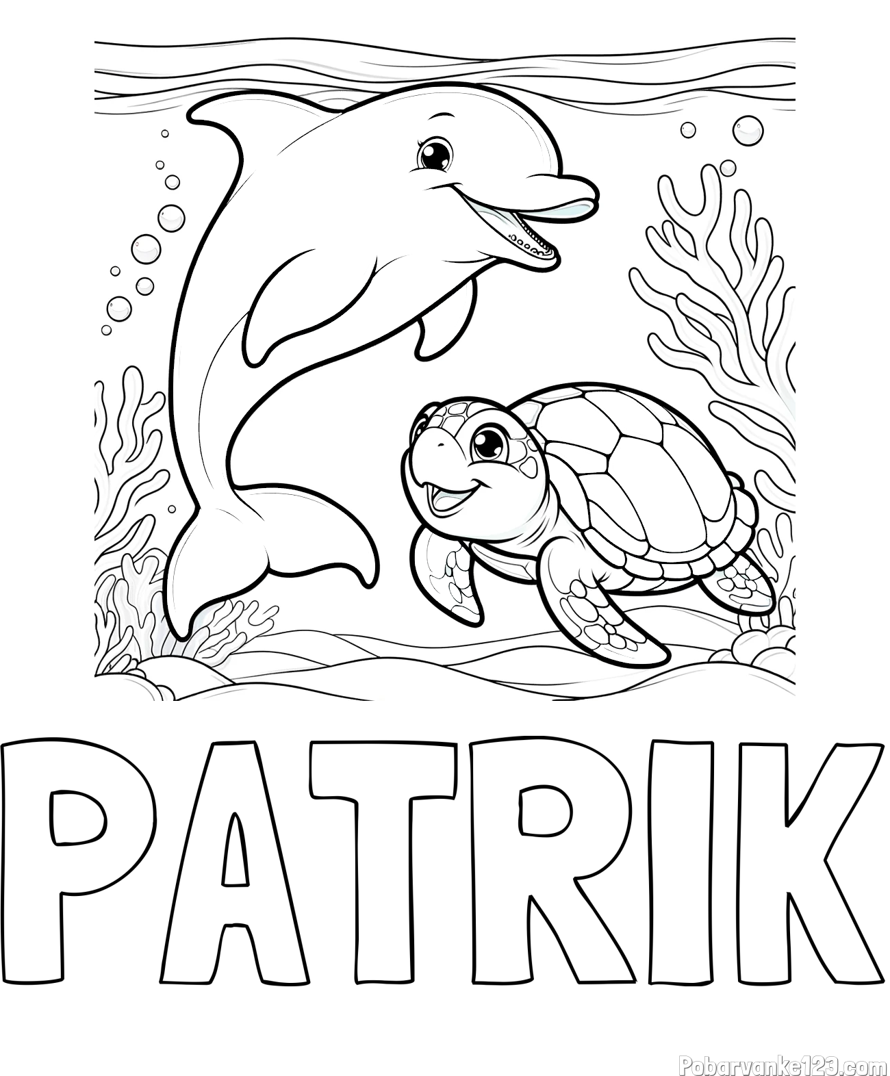 Pobarvanka imena PATRIK in pobarvanka ljubkega delfina z želvo v morju
