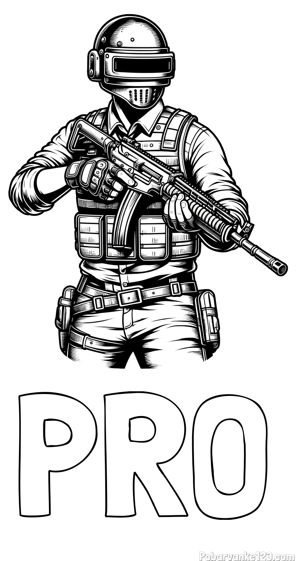 Pobarvanka imena PRO in pobarvanka PUBG osrednjega lika v bojnem položaju