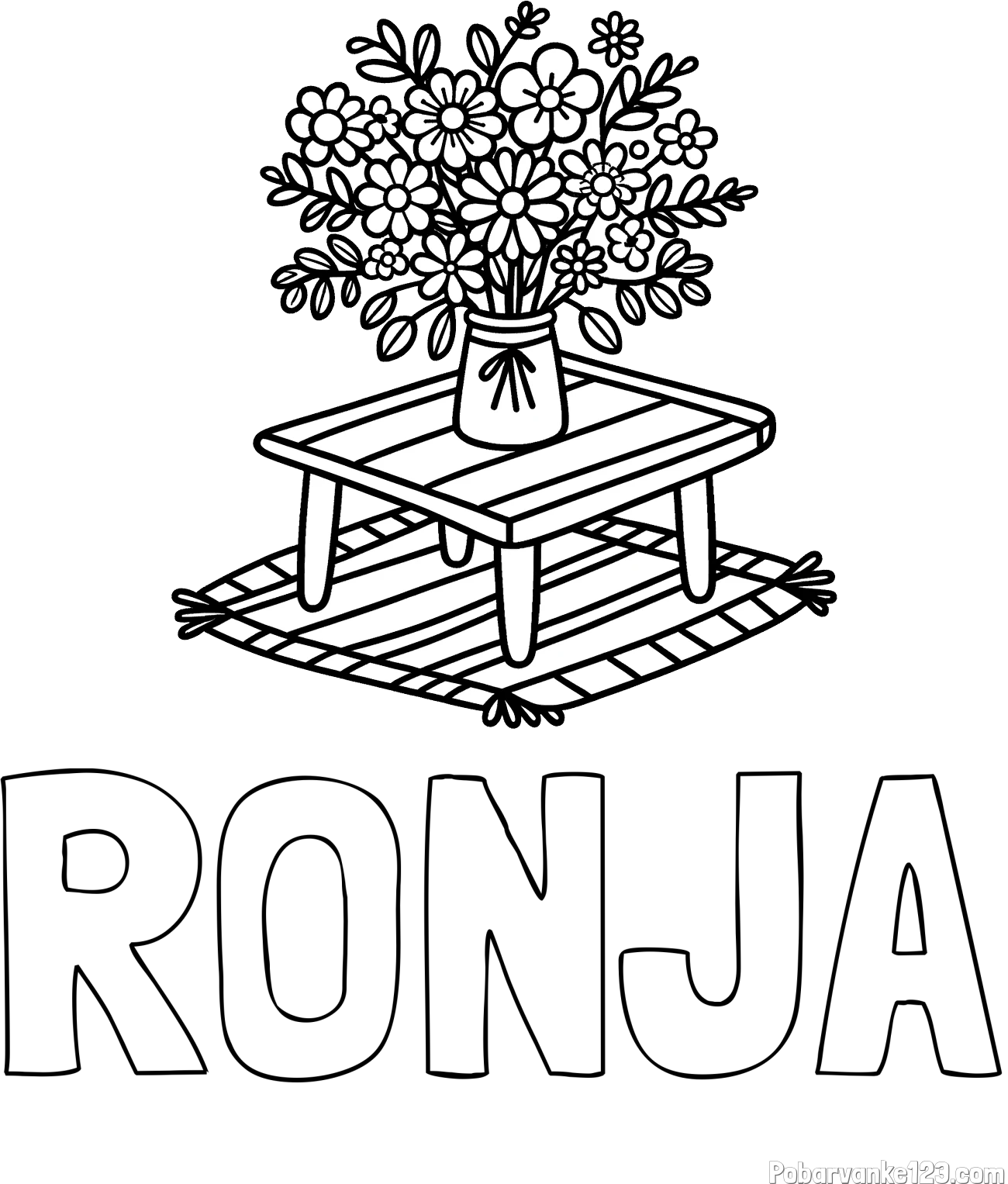 Pobarvanka imena RONJA in pobarvanka šopka rož na mizi