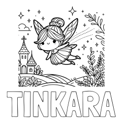 Online izdelana pobarvanka - Pobarvanka imena TINKARA in pobarvanka čarobne vile, ki leti nad pravljično pokrajino
