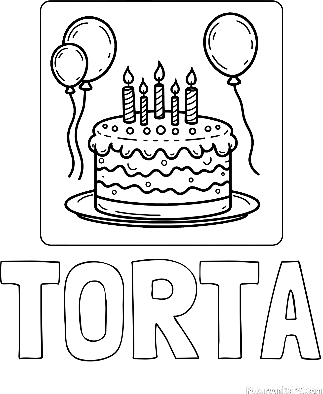 Pobarvanka imena TORTA in pobarvanka torte za 5. rojstni dan