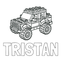 Online izdelana pobarvanka - Pobarvanka imena TRISTAN in pobarvanka džipa sestavljenega iz LEGO kock