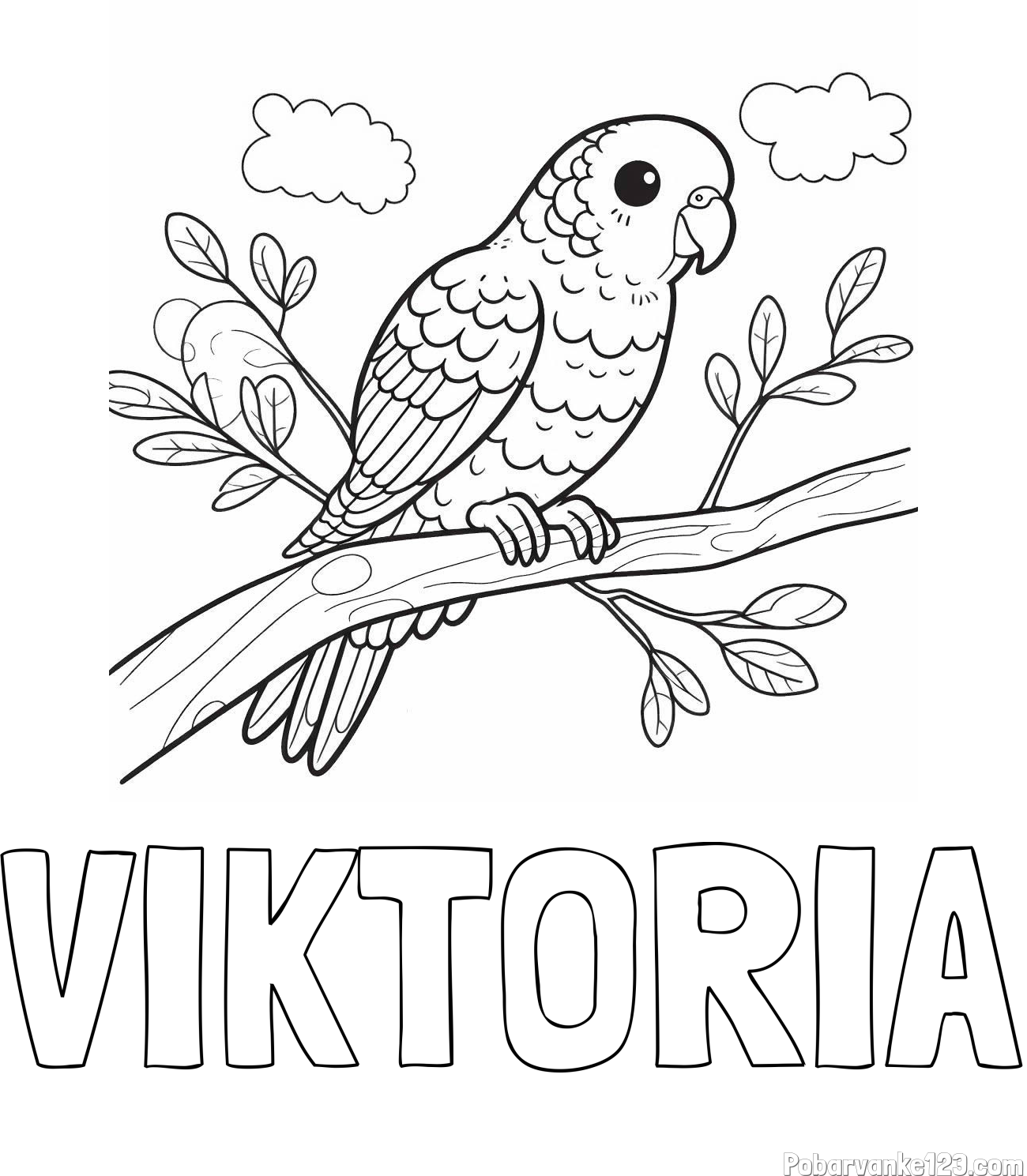 Pobarvanka imena VIKTORIA in pobarvanka ljubkega kanarčka na veji