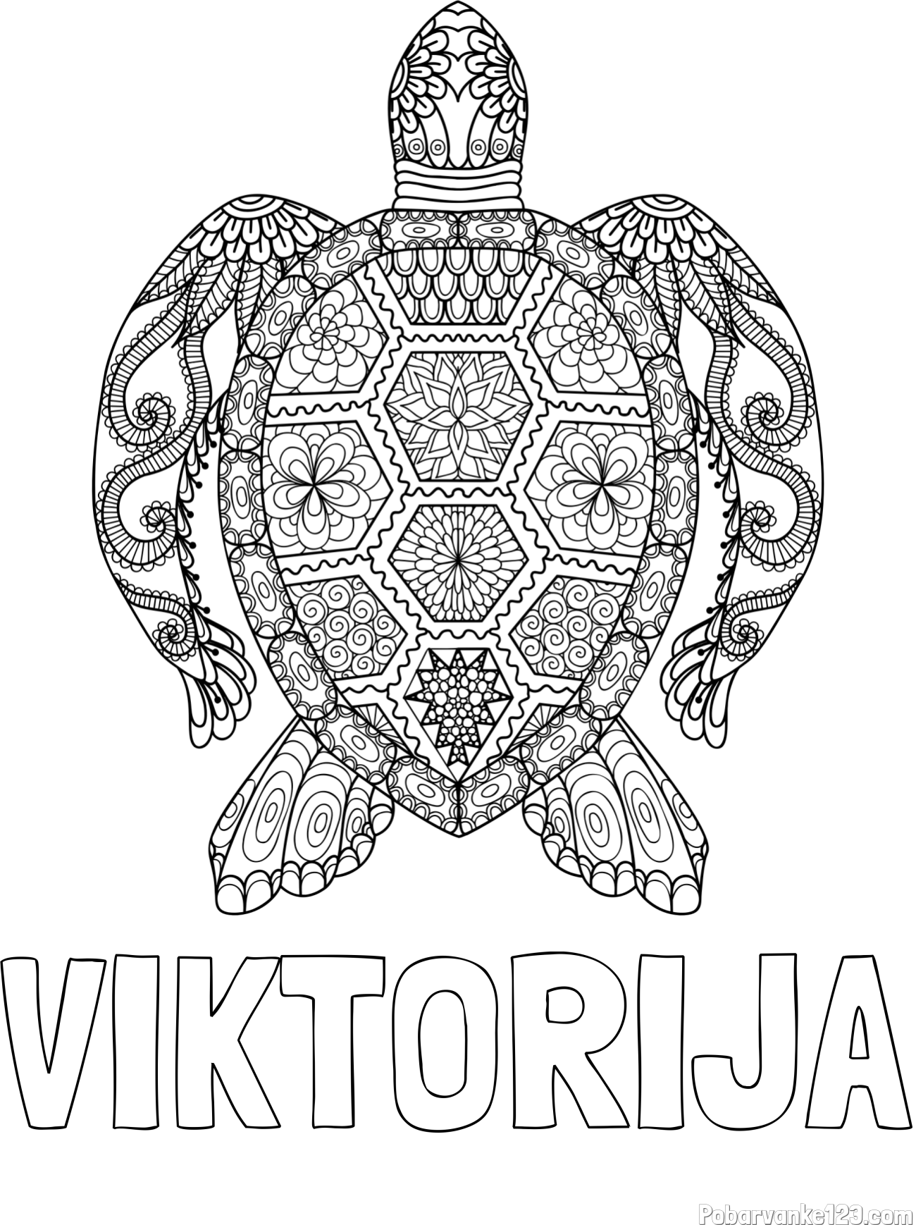 Pobarvanka imena VIKTORIJA in pobarvanka želve - mandale