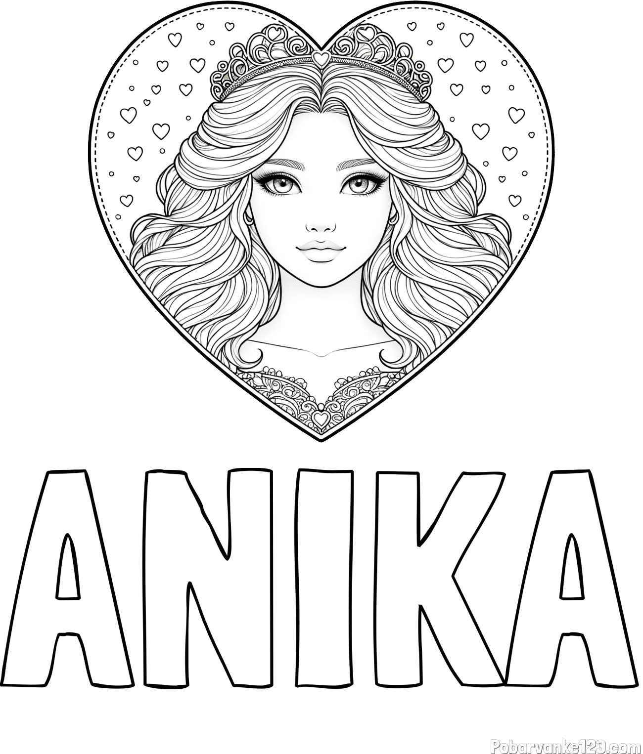 Pobarvanka imena ANIKA in pobarvanka ljubke princese v srčku