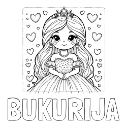 Pobarvanka imena BUKURIJA in pobarvanka ljubke princese obdane s srčki