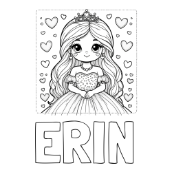 Pobarvanka imena ERIN in pobarvanka ljubke princese obdane s srčki