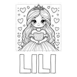 Pobarvanka imena LILI in pobarvanka ljubke princese obdane s srčki