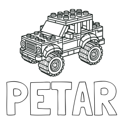 Online izdelana pobarvanka - Pobarvanka imena PETAR in pobarvanka džipa sestavljenega iz LEGO kock