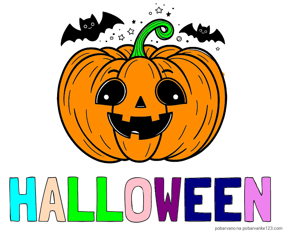 POBARVANA POBARVANKA - Pobarvanka imena HALLOWEEN in pobarvanka nasmejane buče ter dveh netopirjev za noč čarovnic