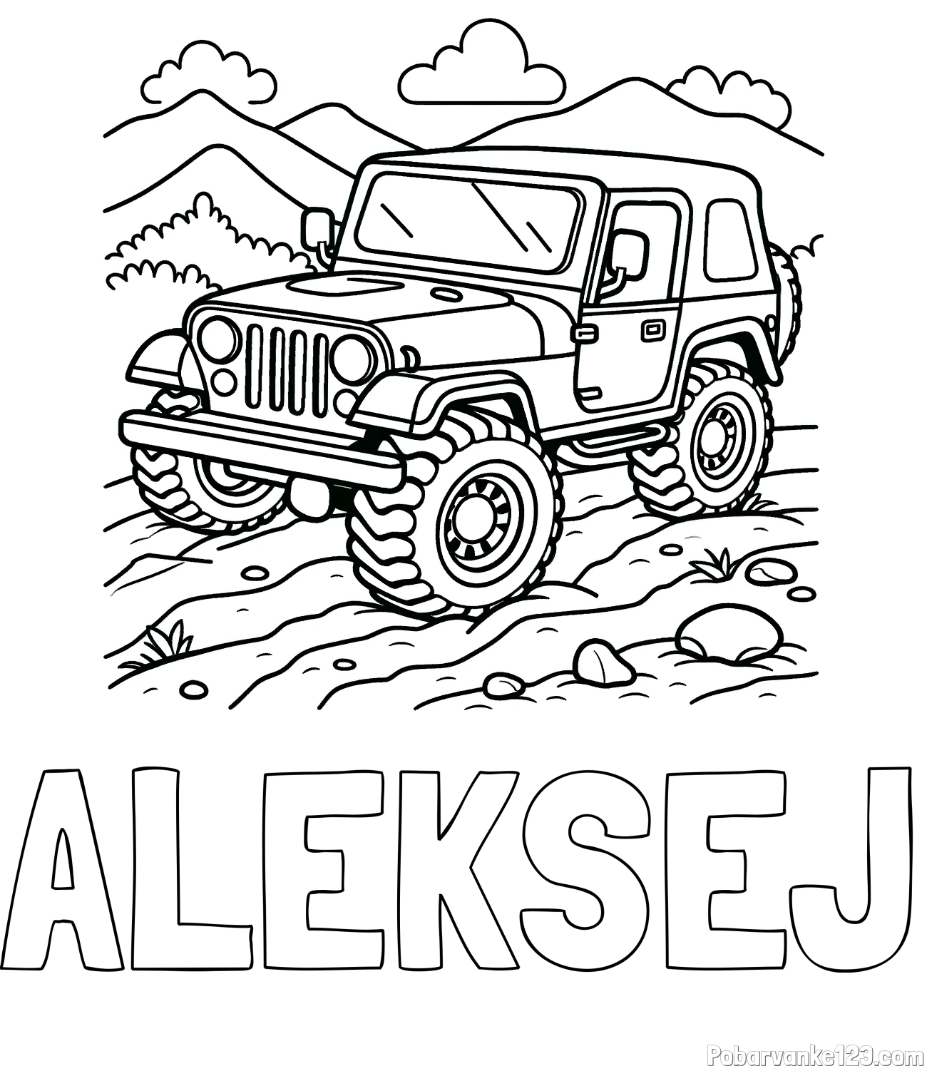 Pobarvanka imena ALEKSEJ in pobarvanka džipa na terenu
