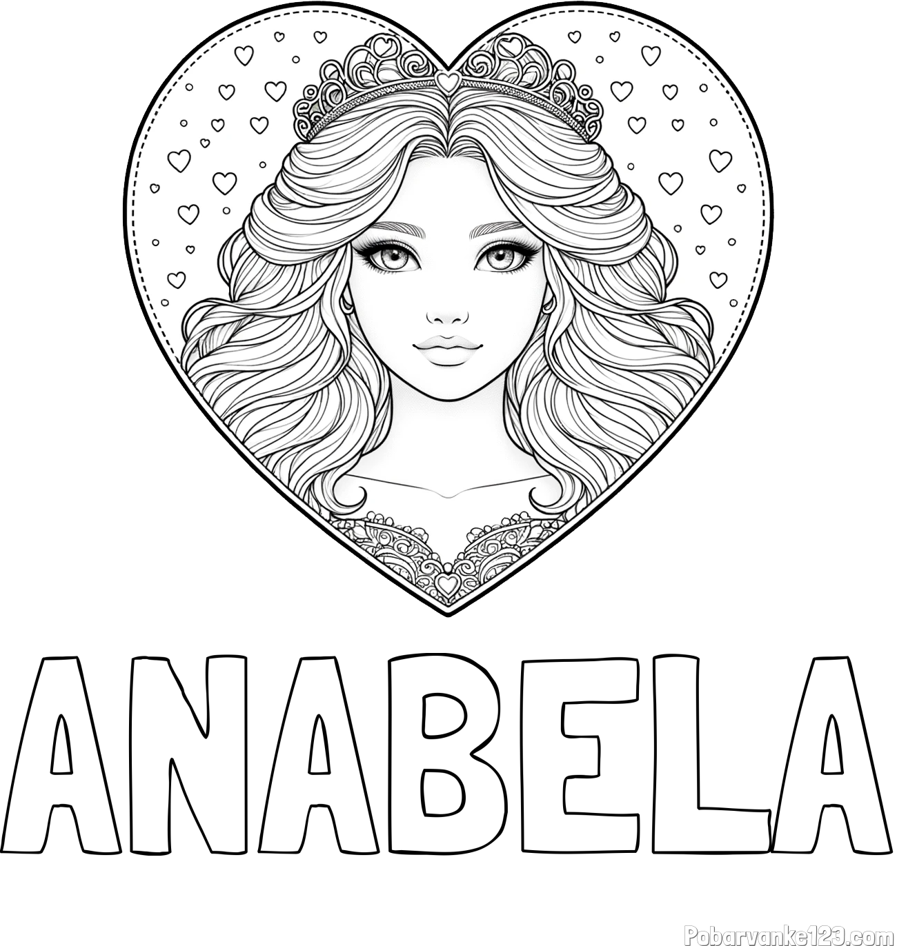 Pobarvanka imena ANABELA in pobarvanka ljubke princese v srčku