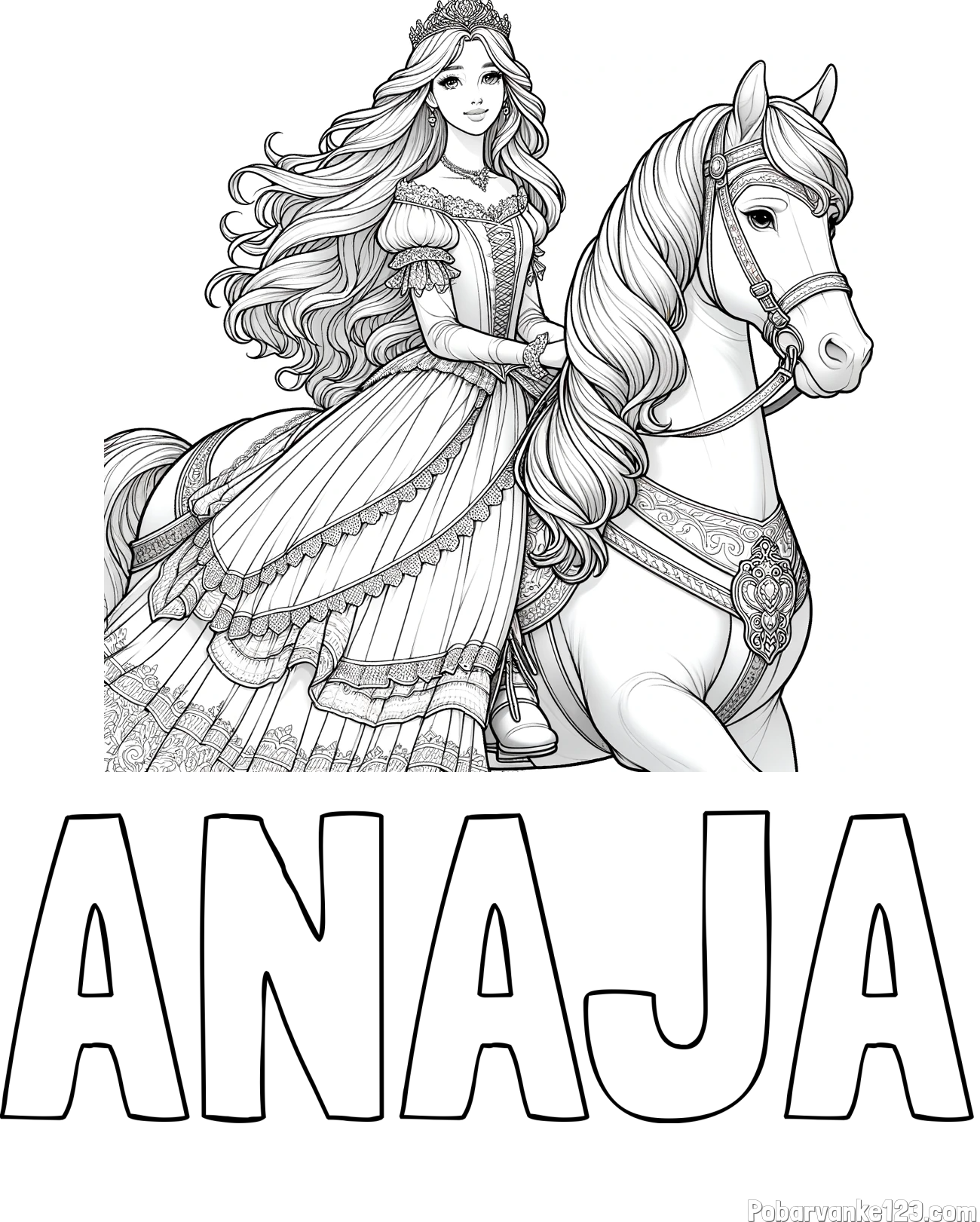 Pobarvanka imena ANAJA in pobarvanka nasmejana princese na konju
