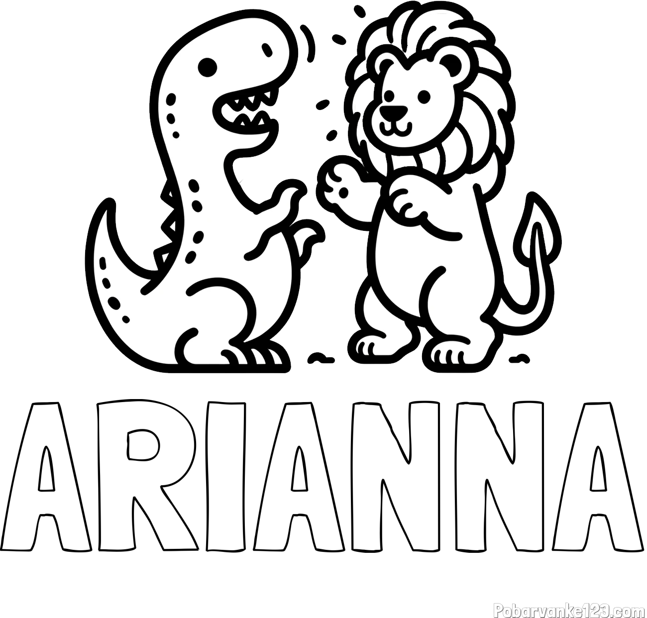Pobarvanka imena ARIANNA in pobarvanka dinozavra, ki napada leva