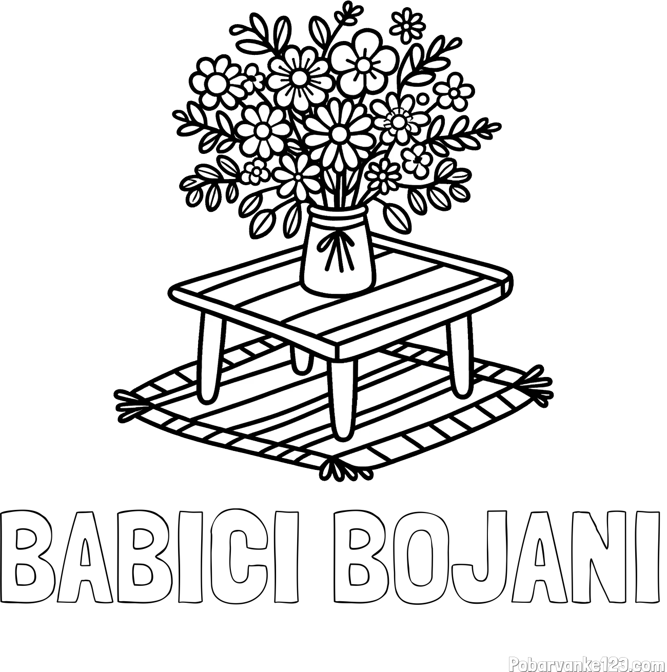 Pobarvanka imena BABICI BOJANI in pobarvanka šopka rož na mizi