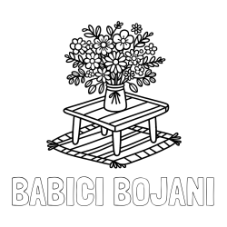 Online izdelana pobarvanka - Pobarvanka imena BABICI BOJANI in pobarvanka šopka rož na mizi