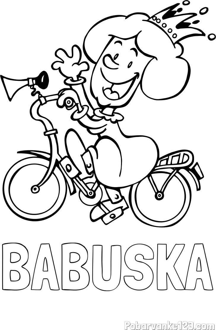 Pobarvanka imena BABUŠKA in pobarvanka nasmejane kraljične na kolesu