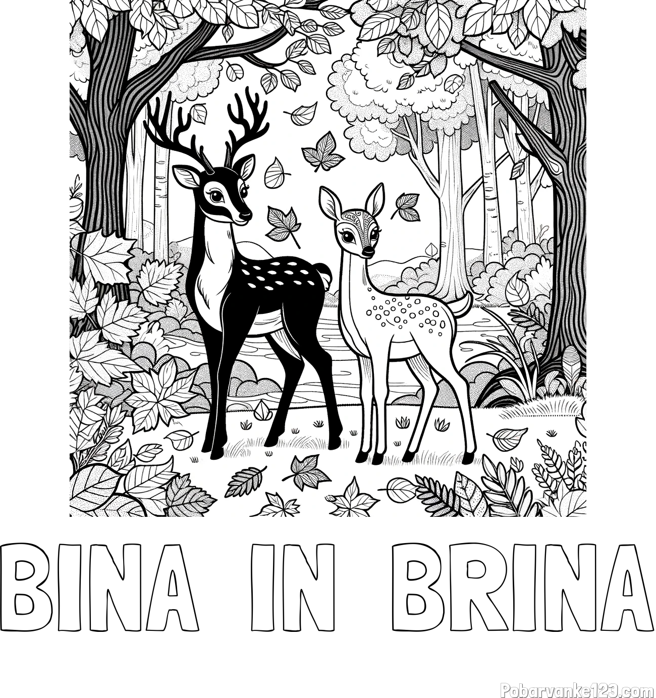 Pobarvanka imena BINA  IN  BRINA in pobarvanka srnice in jelenčka