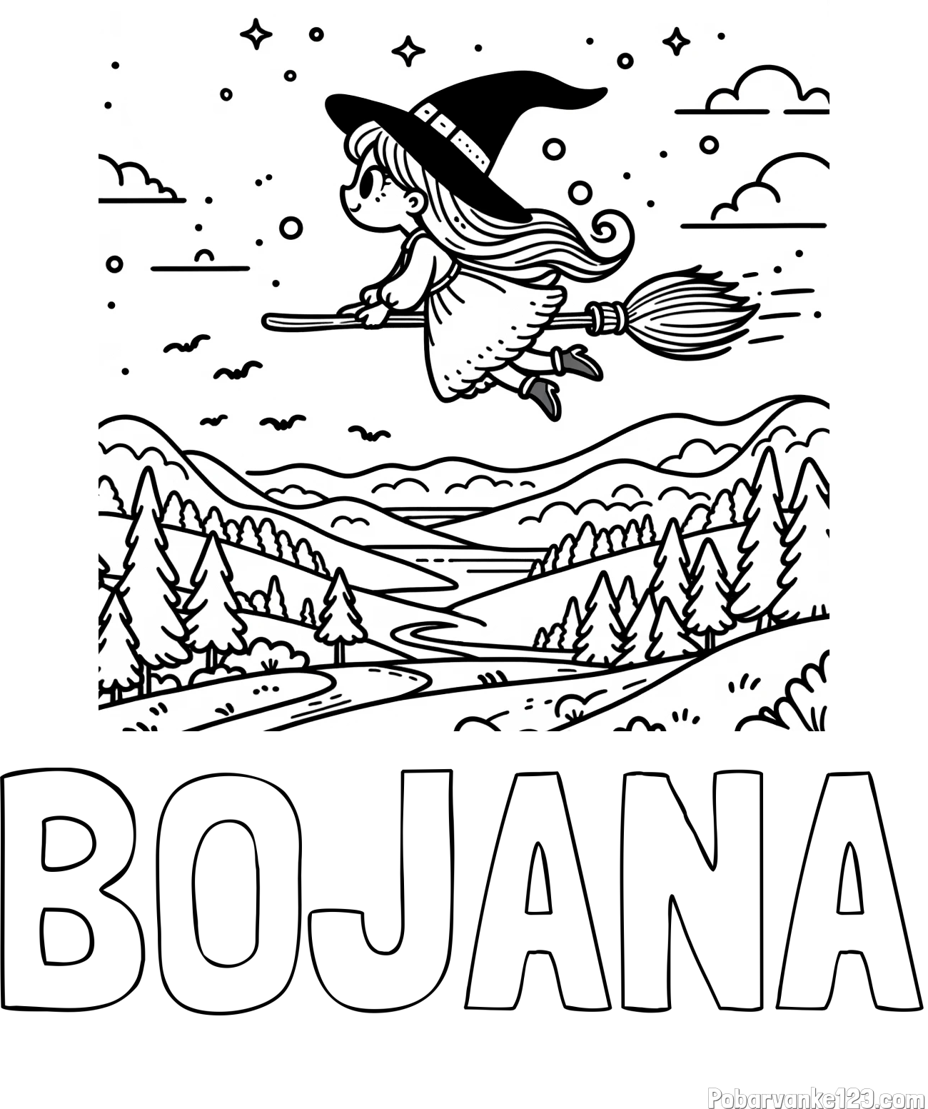 Pobarvanka imena BOJANA in pobarvanka čarovnice, ki leti na metli