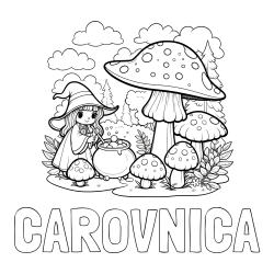 Online izdelana pobarvanka - Pobarvanka imena ČAROVNICA in pobarvanka čarovnice med gobami
