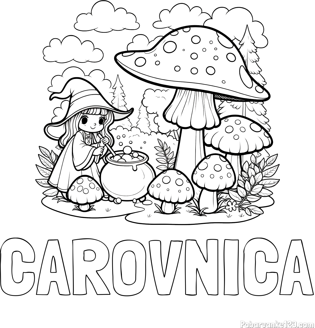 Pobarvanka imena ČAROVNICA in pobarvanka čarovnice med gobami