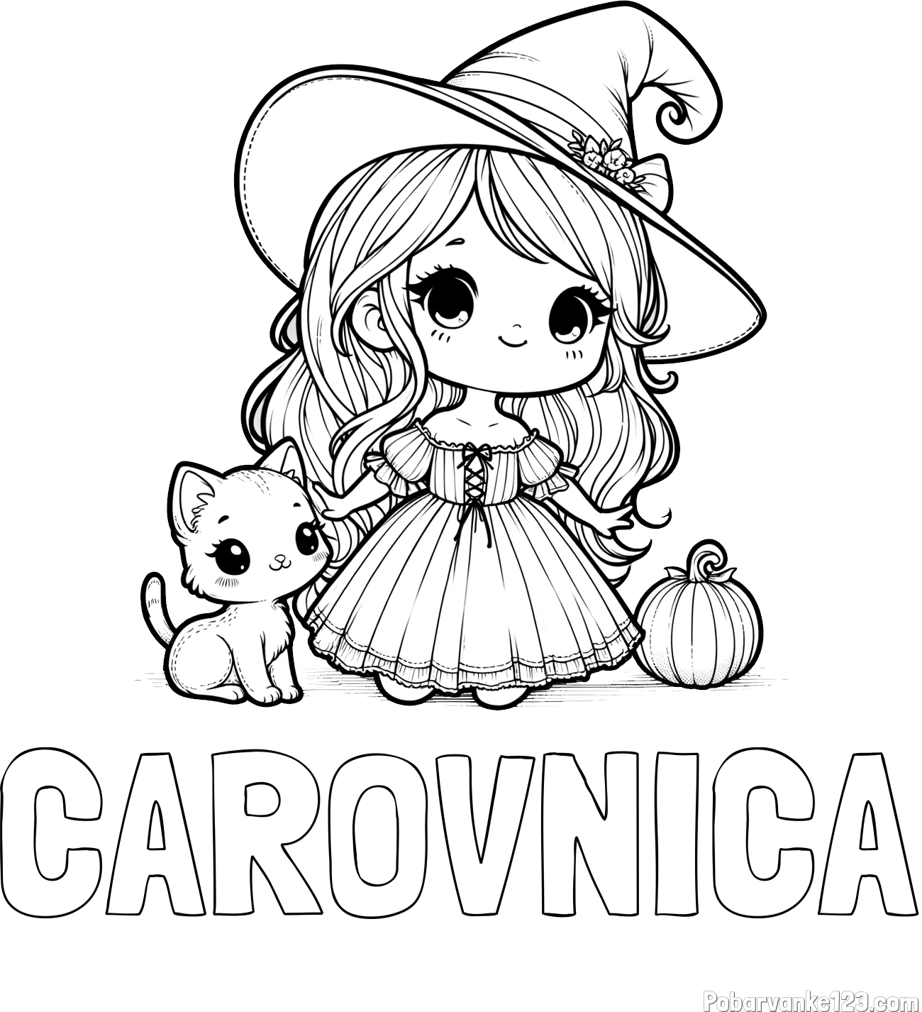 Pobarvanka imena ČAROVNICA in pobarvanka ljubke čarovnice, muce in buče