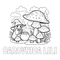 Online izdelana pobarvanka - Pobarvanka imena ČAROVNICA LILI in pobarvanka čarovnice med gobami