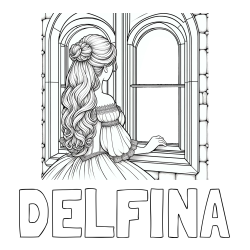 Pobarvanka imena DELFINA in pobarvanka princese, ki gleda skozi okno