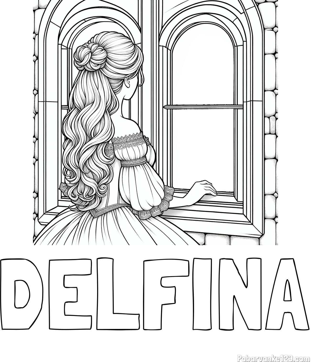 Pobarvanka imena DELFINA in pobarvanka princese, ki gleda skozi okno