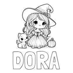 Pobarvanka imena DORA in pobarvanka ljubke čarovnice, muce in buče