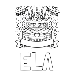 Online izdelana pobarvanka - Pobarvanka imena ELA in pobarvanka velike torte za rojstni dan