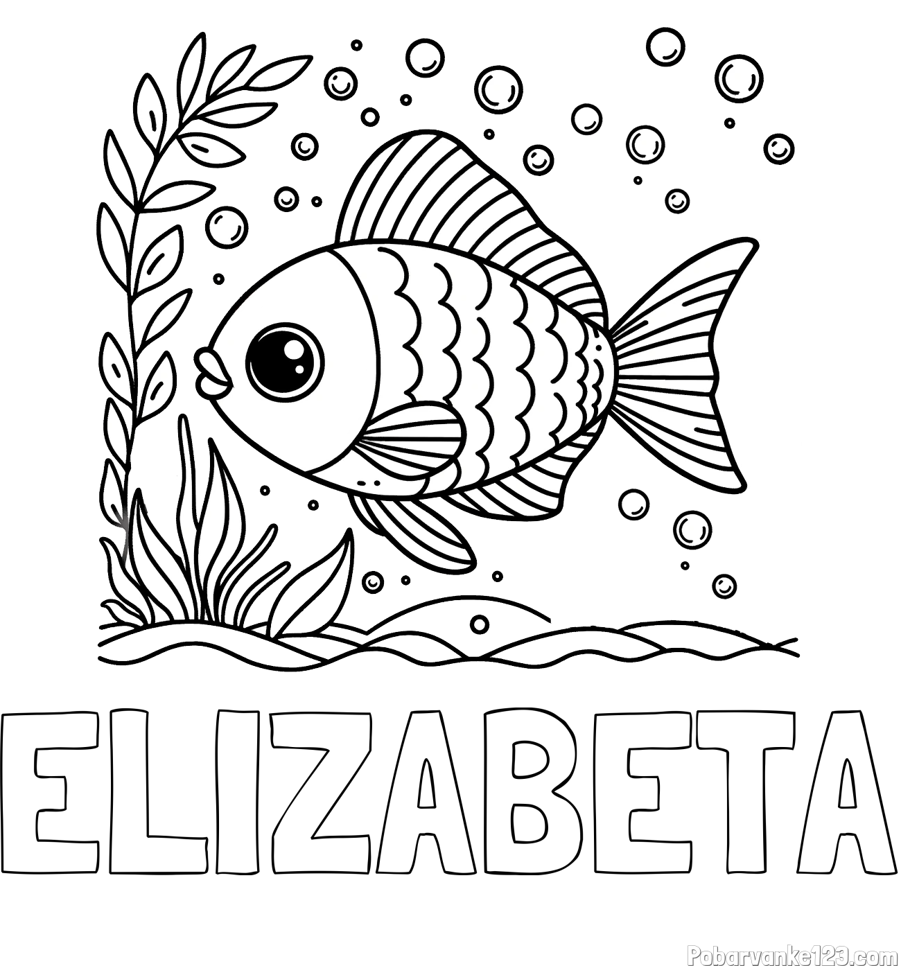 Pobarvanka imena ELIZABETA in otroška pobarvanka ljubke ribe