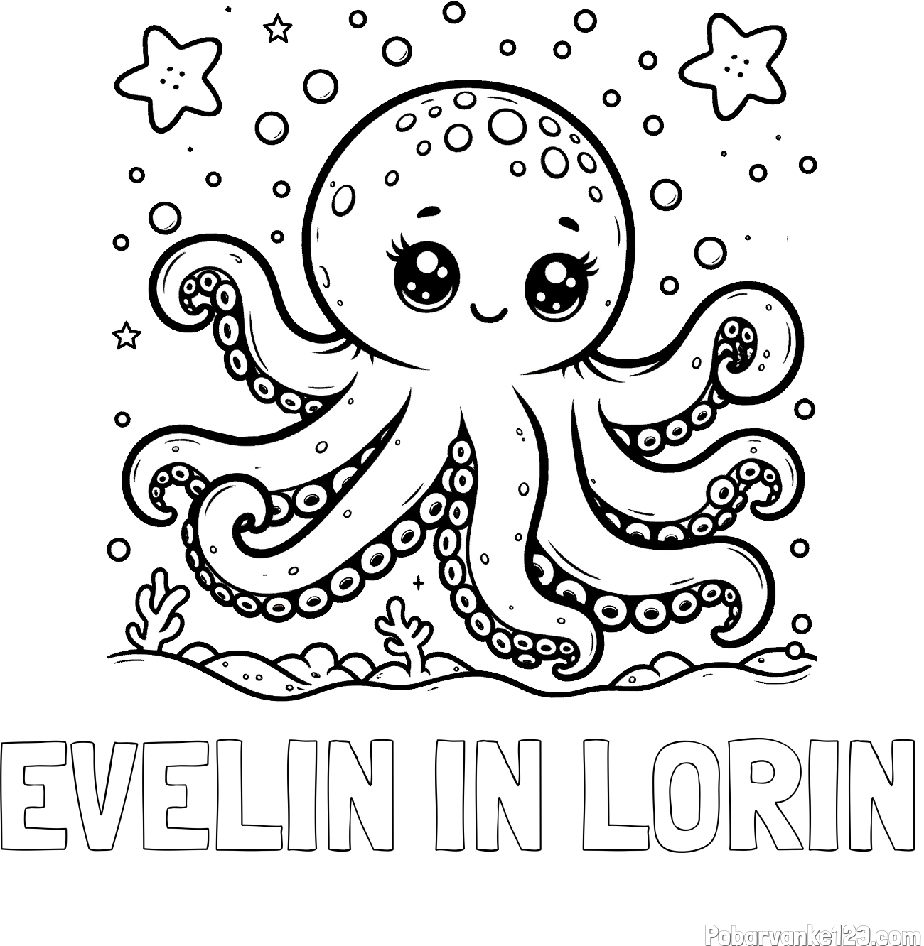 Pobarvanka imena EVELIN IN LORIN in pobarvanka hobotnice v morju obdane z morskimi zvezdami
